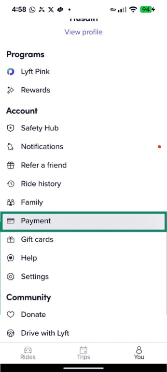 Payment option in the Account menu of the Lyft app.