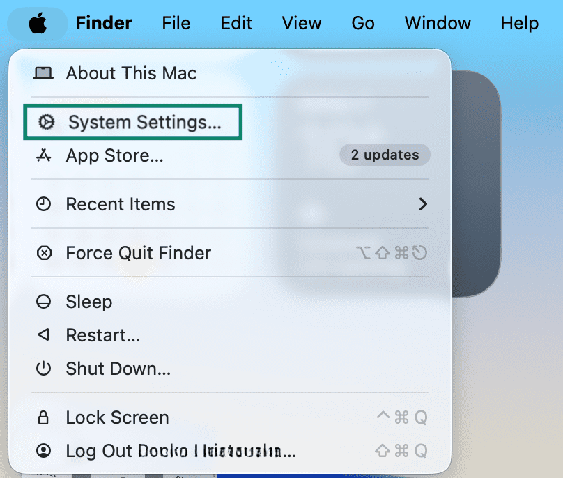 Alt text: macOS menu showing System Settings option highlighted.