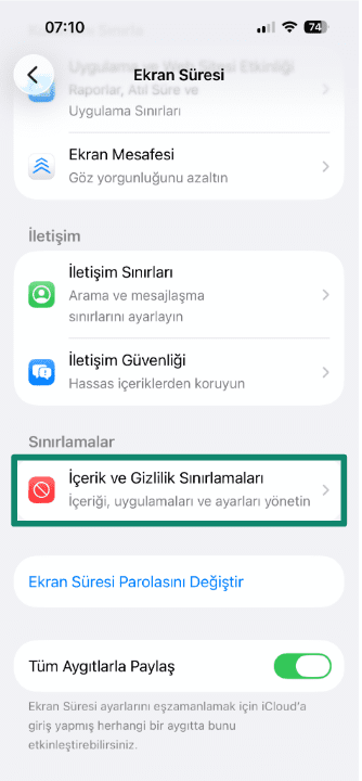 Screen Time menu with Content & Privacy Restrictions highlighted.