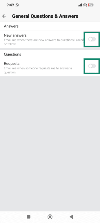 The Quora Android app email notifications scream with General questions & answers highlighted.