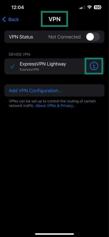 iPhone settings with "VPN" and the blue information icon highlighted.