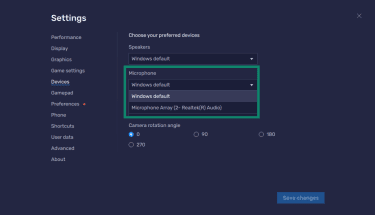In the BlueStacks device settings, there's the option to choose which microphone to connect.