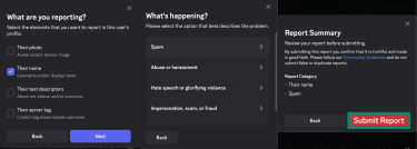 Category selection and report summary when submitting a report for a message on Discord.