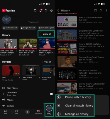How to pause, clear, or manage watch history on YouTube's phone app.