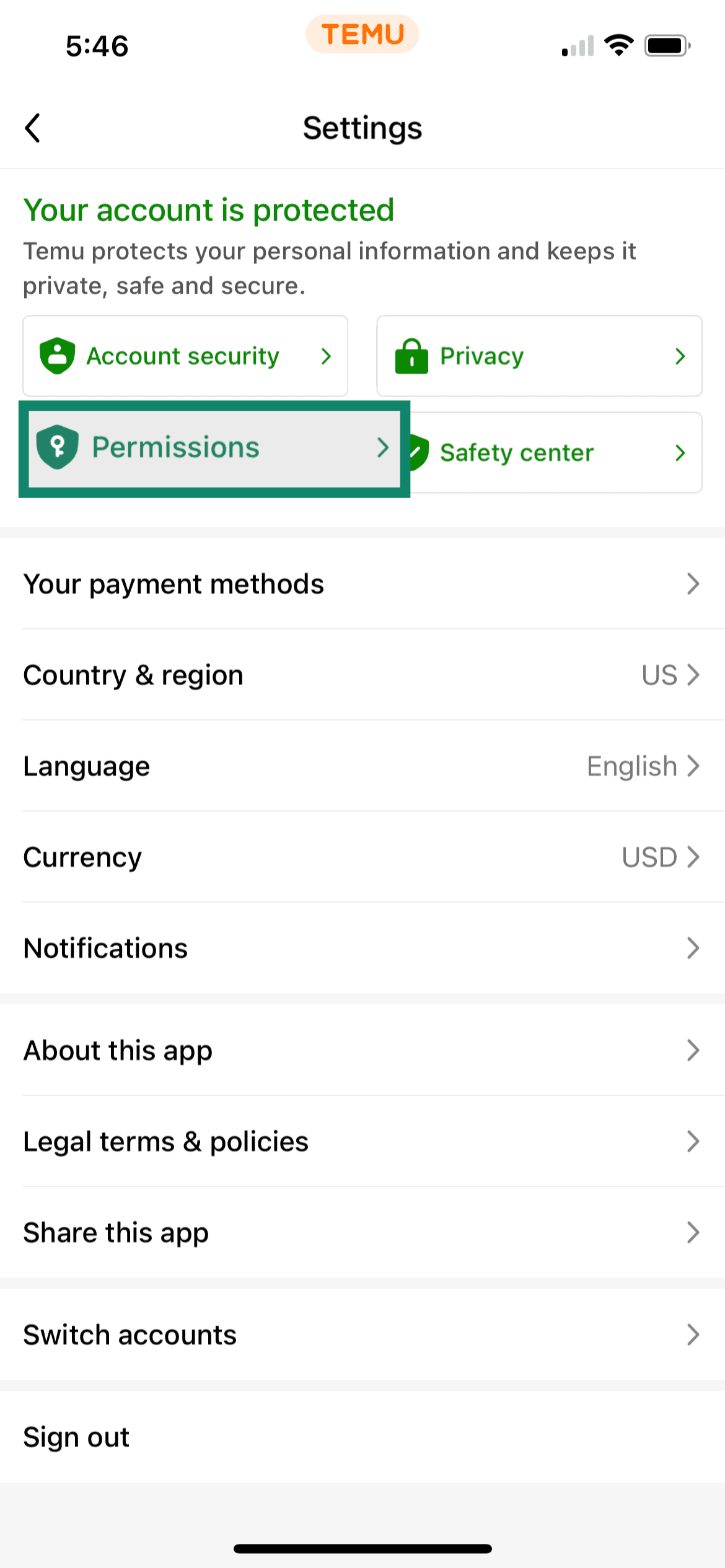 Temu settings with Permissions highlighted.
