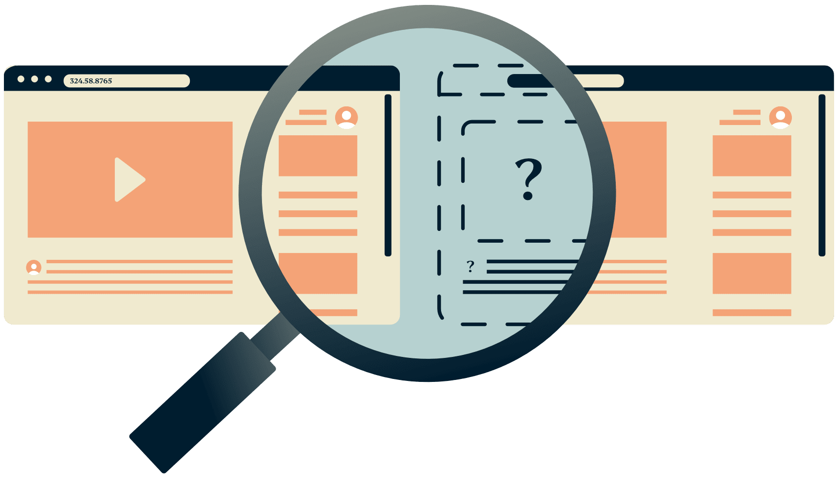 Lupa nad dwoma oknami przeglądarki, gdzie jedno z nich jest ukryte.