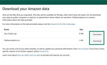 "Download your Amazon data" page, showing two file options: .zip and .csv