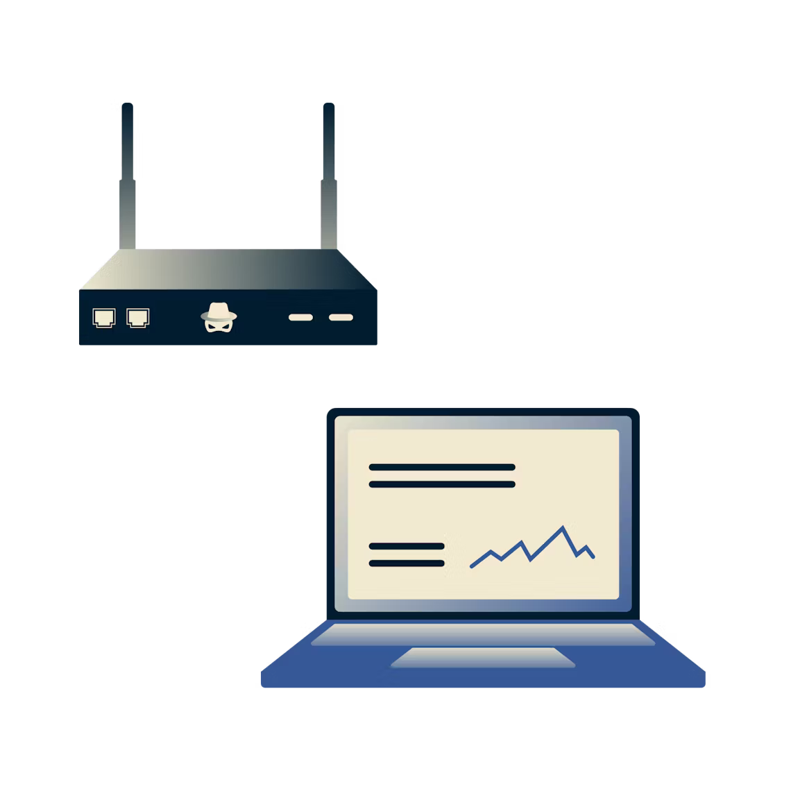 A router with skull and crossbones stealing data from a laptop over Wi-Fi.