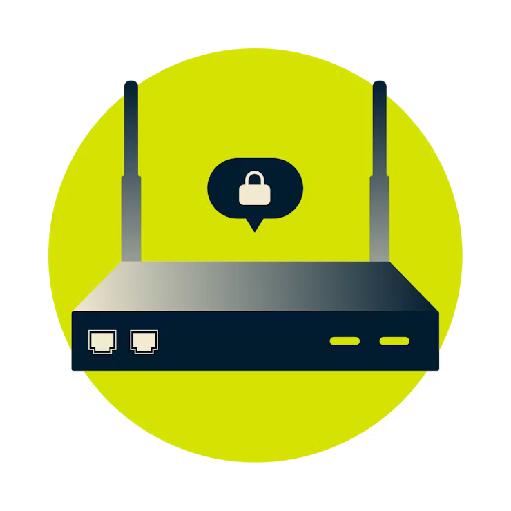 Reititin, jonka päällä on lukkokuvake puhekuplassa.