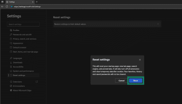 Clicking on Reset button begins the Edge reset process