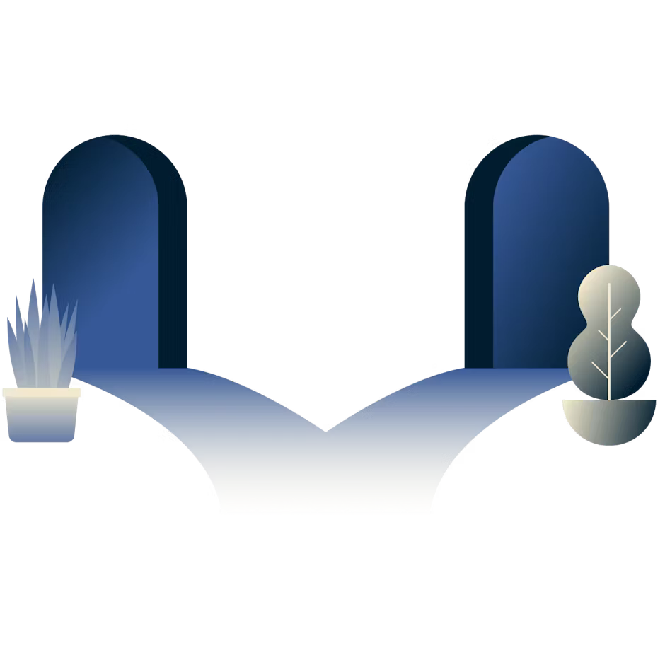 Een pad dat zich vertakt in twee deuropeningen.