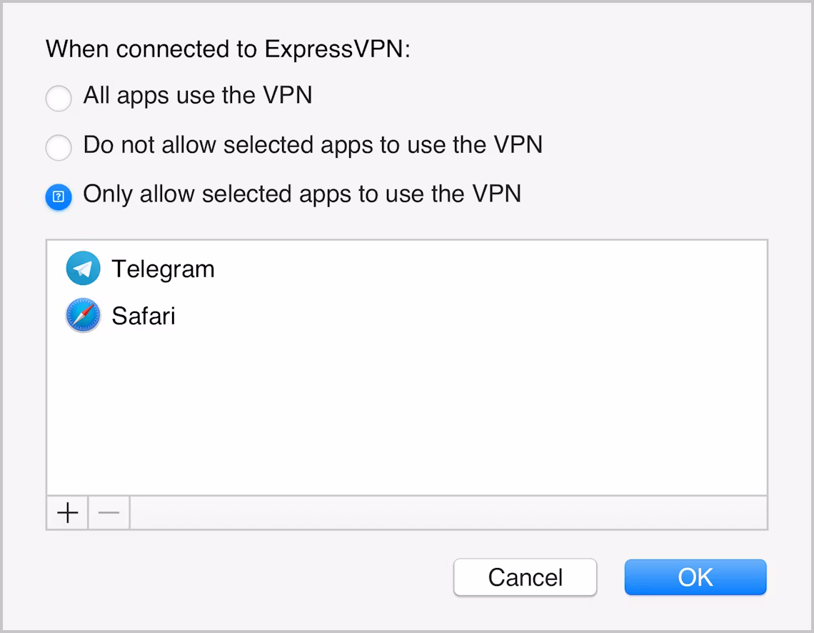 De ExpressVPN-app voor Mac-interface, die alleen geselecteerde apps toont die worden beschermd door VPN.