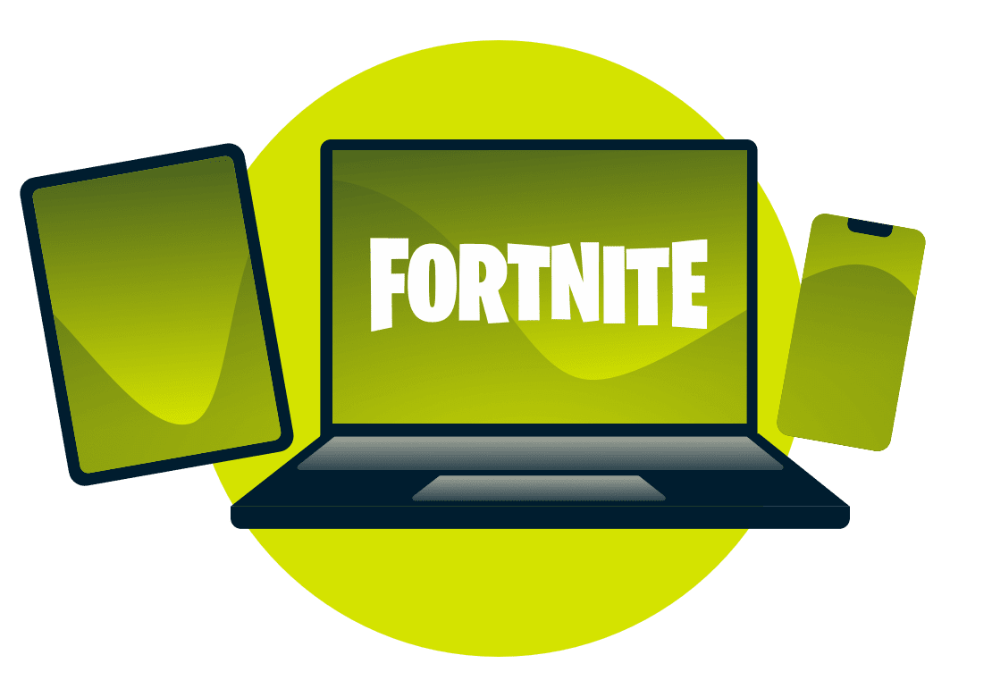 Olika enheter med Fortnite-logotypen.