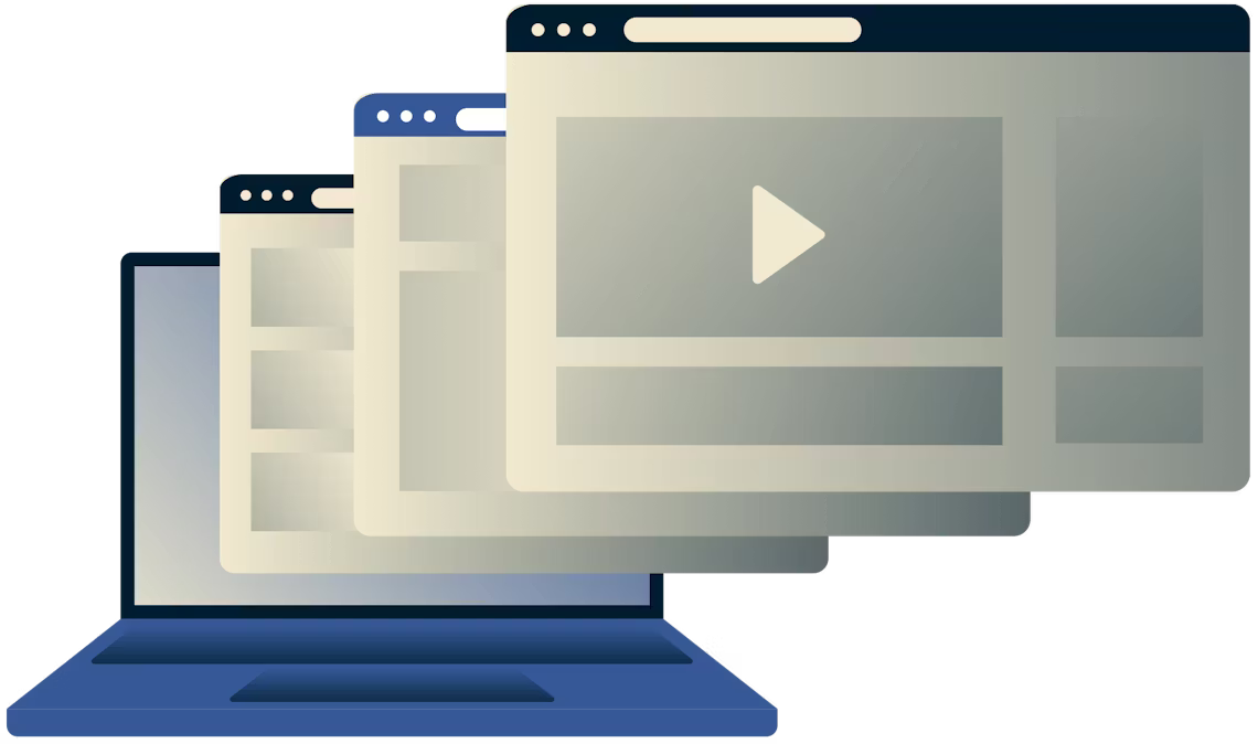 Opphev blokkering av video, musikk, sport og sosiale medier. Laptop viser flere browservinduer.