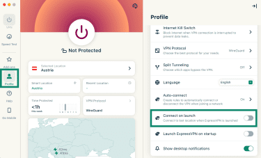 The profile tab in the ExpressVPN app on Mac, highlighting the Connect on launch option.