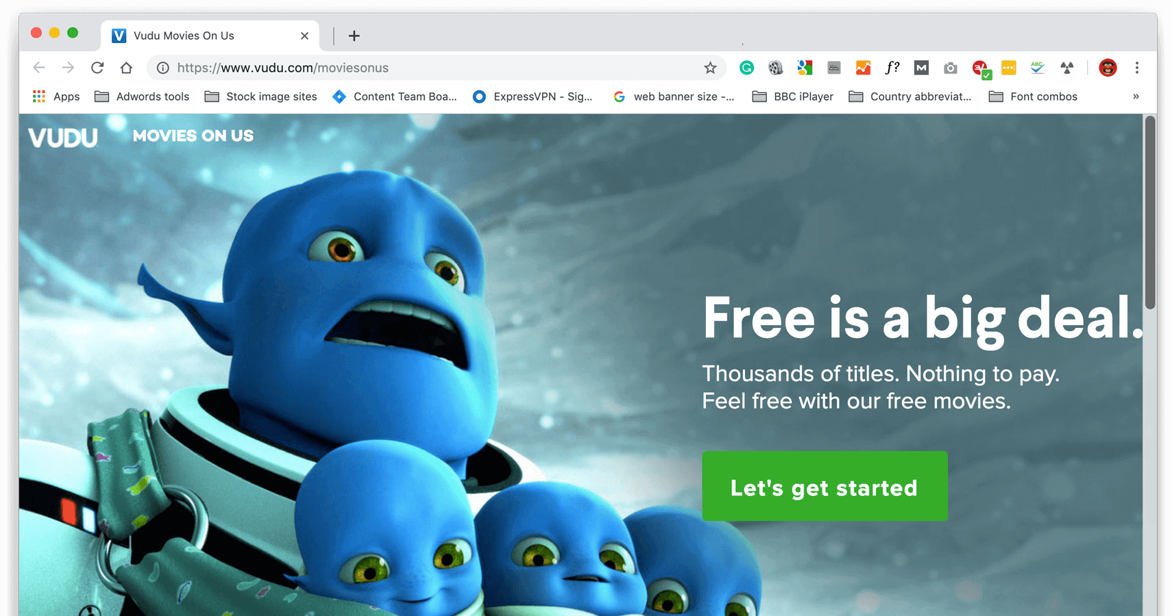 Um screenshot do site do Vudu mostrando Movies On Us.