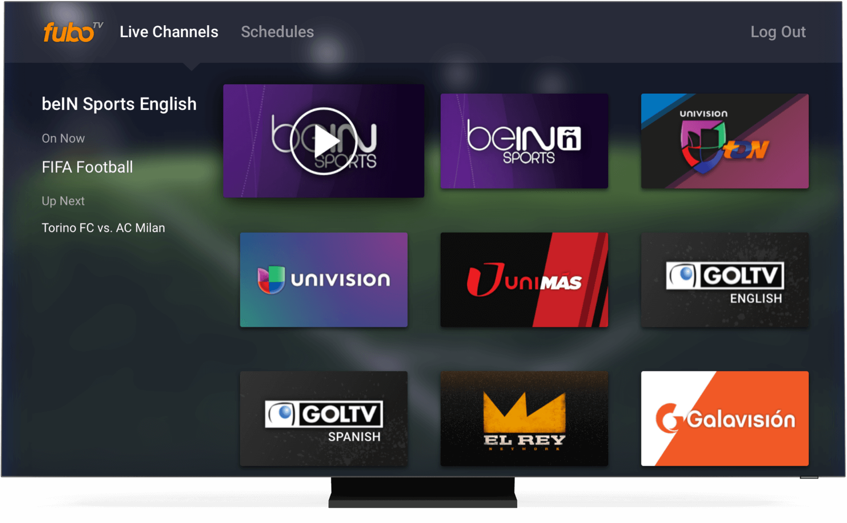 tela inicial da fubo TV em uma smart TV.