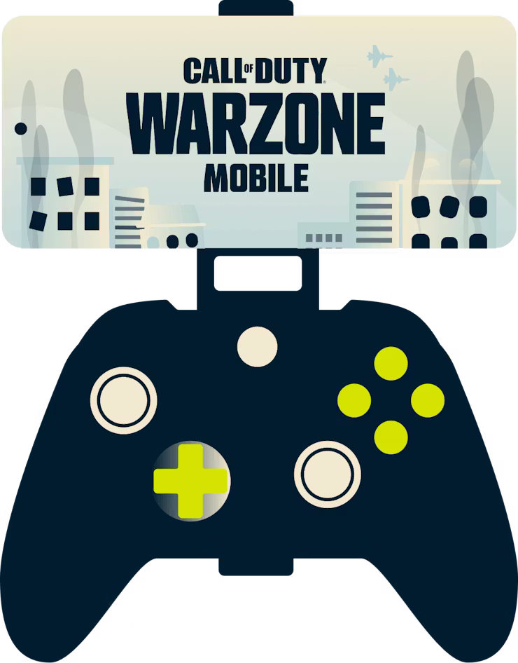 A smartphone game with Call of Duty: Warzone Mobile and a controller accessory.