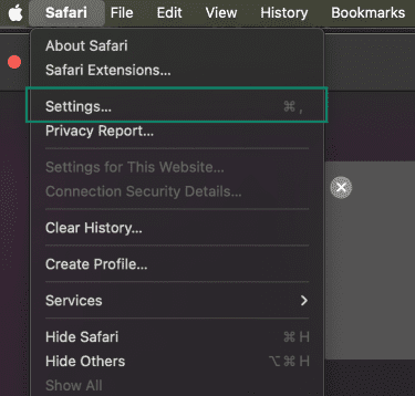 Find and open the Settings menu in Safari browser.