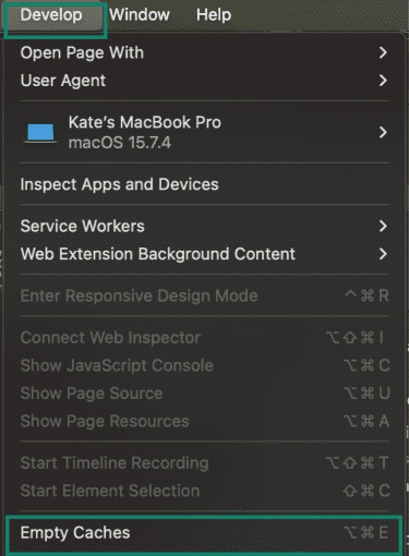 How to empty caches in Safari browser via the Develop menu.