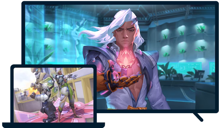 En bärbar dator och TV med Overwatch.