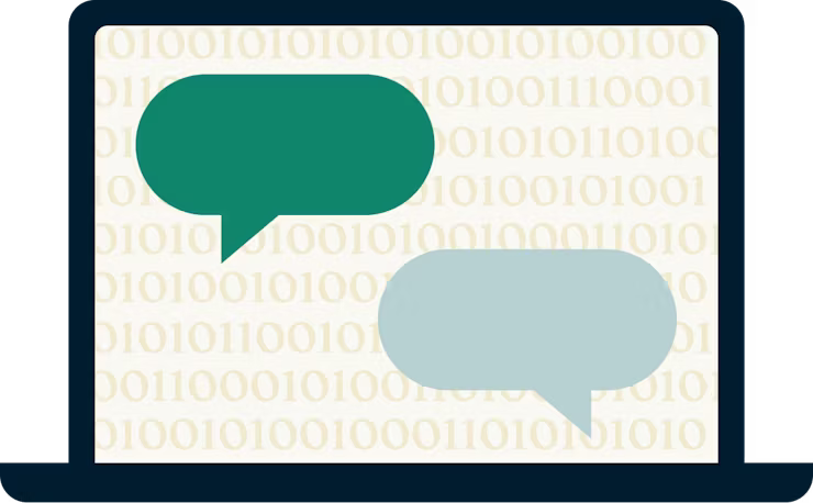 Código binário e balões de fala na tela de um laptop.