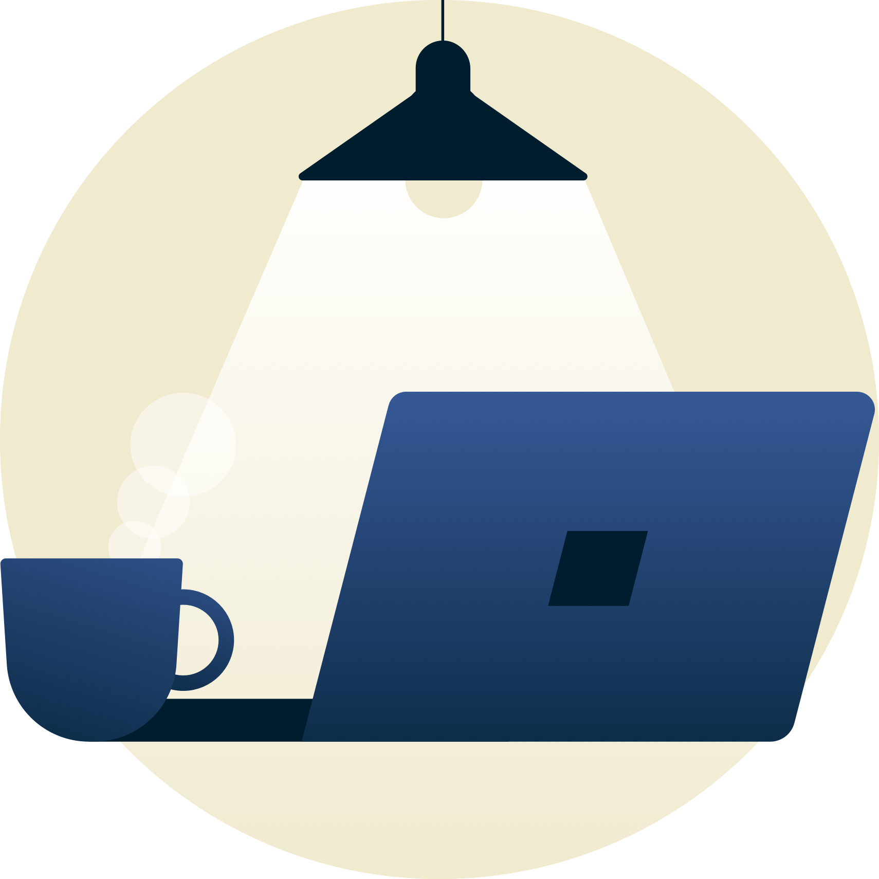 Лампа, освещающая ноутбук, развернутый от экрана. 