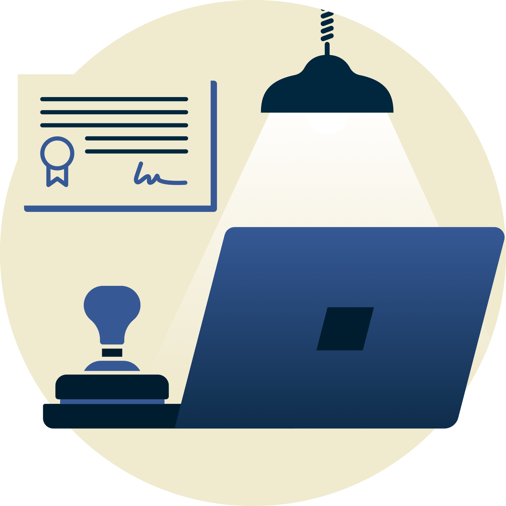 Лампа над печатью и ноутбуком, сертификат на заднем плане.