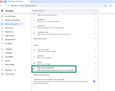 Pop-up and redirect settings in Google Chrome