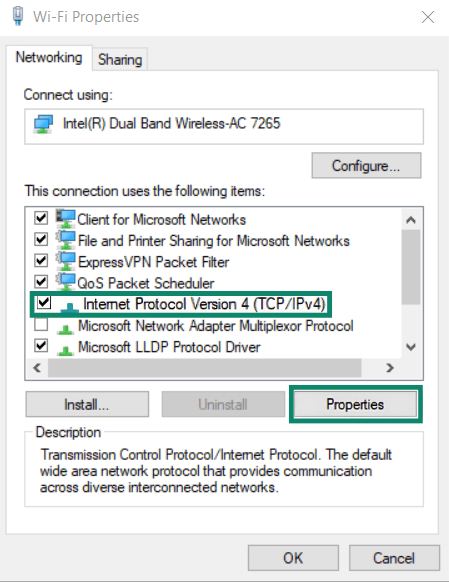 Selecting Properties for IPv4 in the Windows interface.