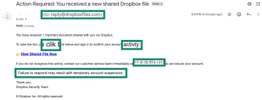Dropbox shared file scam email with red flags highlighted.