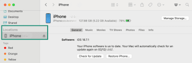 Mac Finder app with iPhone section on the left-hand menu highlighted.