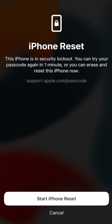 iPhone Reset screen with Start iPhone Reset button highlighted.