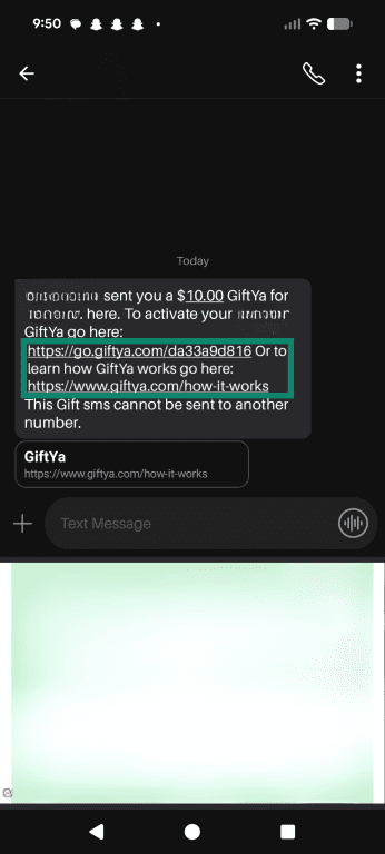 A text message highlighting the official GiftYa link to accept a gift card.