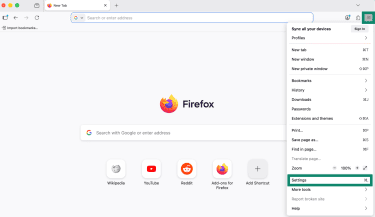 Settings menu in Firefox, highlighting the "Settings" option.