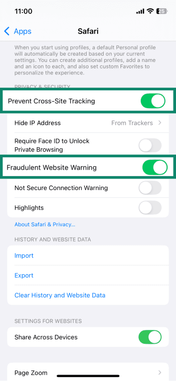 Prevent Cross-Site Tracking and Fraudulent Website Warning shown in the "on" position within the Safari app settings on iPhone.