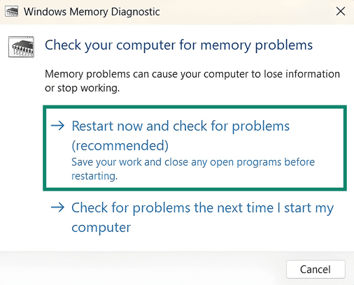 The Windows Memory Diagnostic app on Windows 11. The "Restart now and check for problems (recommended)" button is highlighted.