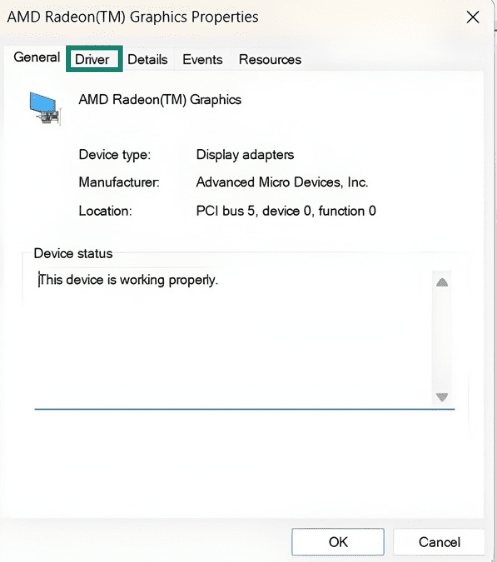 The Properties window for a display adapter on the Windows 11 Device Manager app. The Driver tab is highlighted.