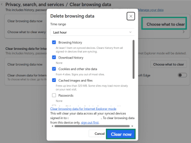 The Edge delete browsing data box is open with the Choose what to clear and clear now buttons are highlighted.