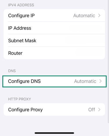 The Configure DNS field highlighted in iOS' Settings app.