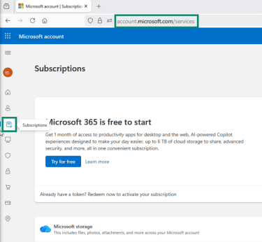 "Subscriptions" tab in a Microsoft account.