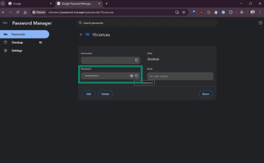 Google Chrome's Password Manager open on a specific login account with password section highlighted