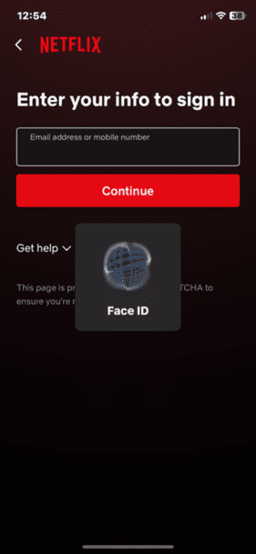 Netflix iOS app with Face ID authentication for Passwords app in progress