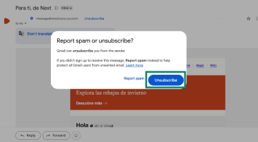 alt text: Gmail desktop pop-up with the “Unsubscribe” button highlighted.