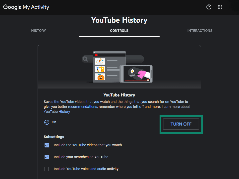 YouTube History controls with TURN OFF button highlighted