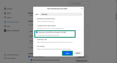 The Firefox cache clearing menu for desktop, showing the option to clear temporary cache and how to confirm the choice.