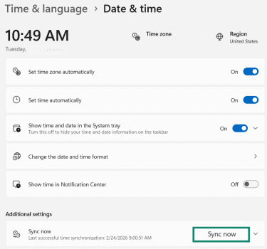 Windows Time settings window showing options to “Set time automatically” and “Set time zone automatically,” with the “Sync now” button higlhighted.