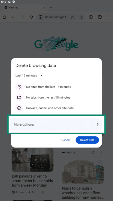 Google Chrome on Android showing Delete browsing data options with More options highlighted