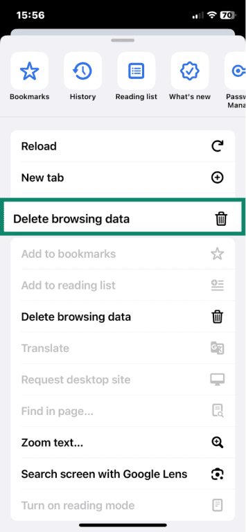 Google Chrome on iOS with settings menu open and Delete Browsing data highlighted