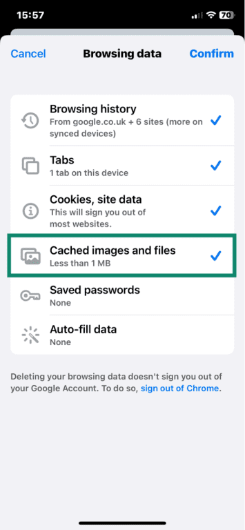 Google Chrome on iOS with Browsing data menu open and Cached images and files highlighted